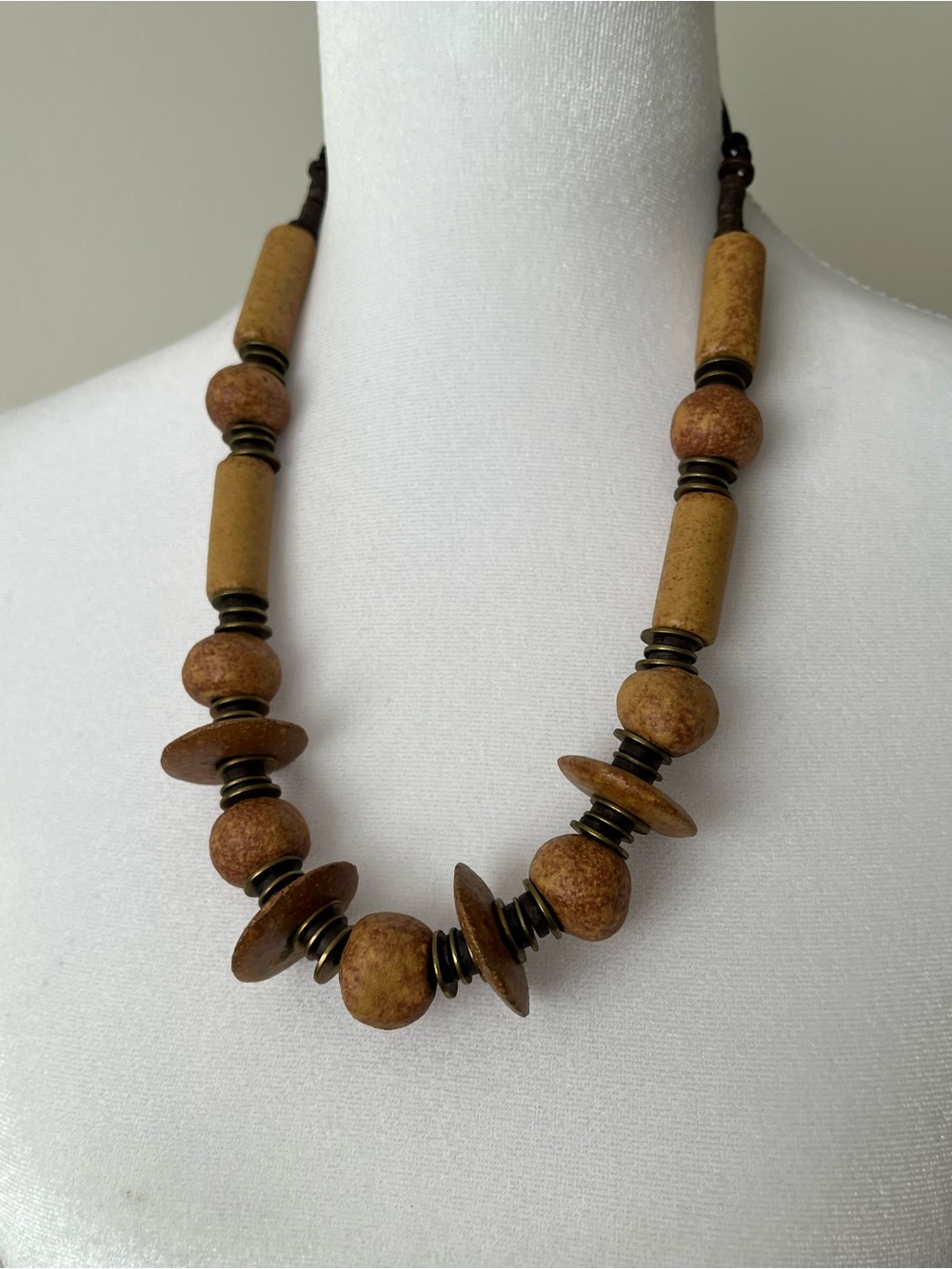 Vtg Ceramic 20” Long Chunky Necklace Statement Piece Brown